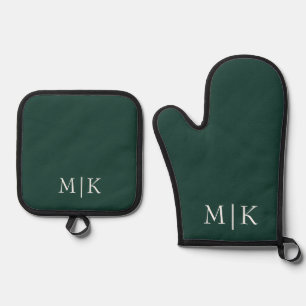 Emerald Green and White   Modern Monogram Oven Mitt & Pot Holder Set