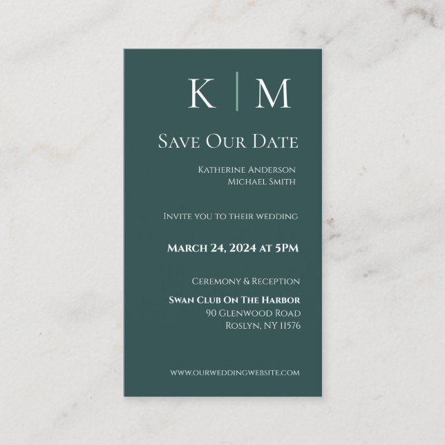 Emerald Green and White-Modern-Save the Date- Business Card (Front)