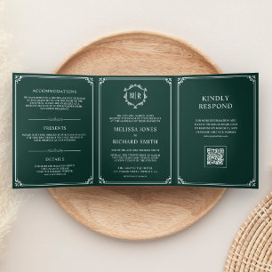 Emerald Green and White Monogram QR Code Wedding Tri-Fold Invitation