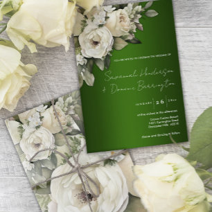 Emerald Green and White Rose Bouquet Wedding Invitation
