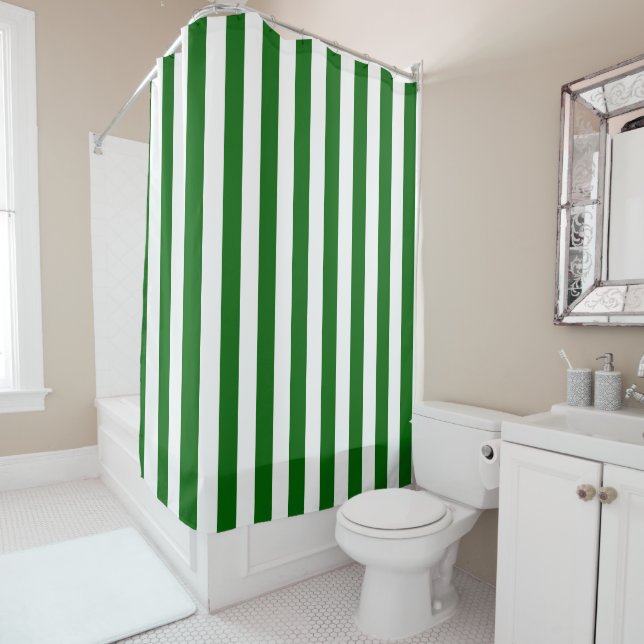Emerald Green and White Vertical Stripes Shower Curtain (In Situ)