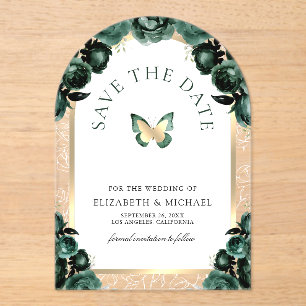 Emerald Green Arch Butterfly Wedding Save the Date Acrylic Invitations