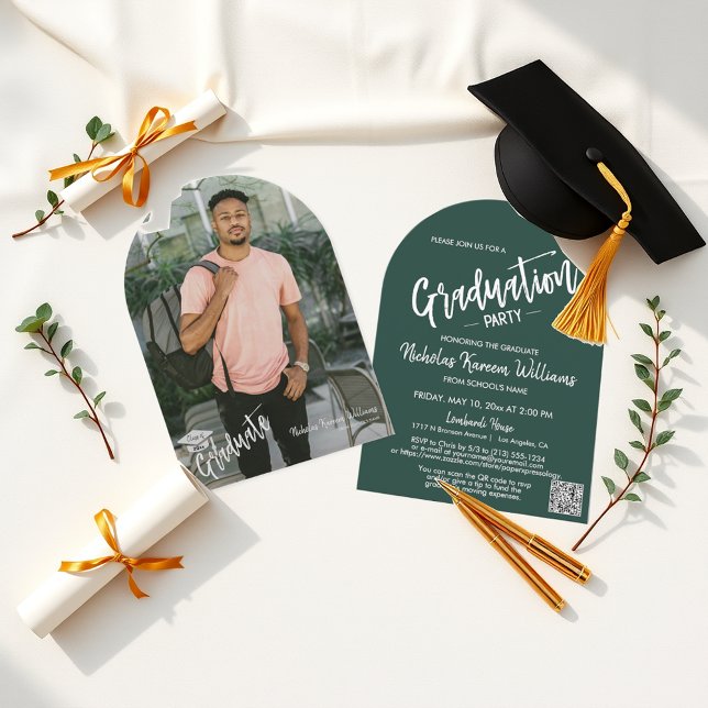 Emerald Green Arch Photo QR Code Grad Party Invitation (Creator Uploaded)