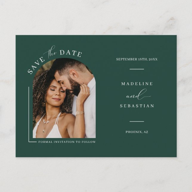 Emerald Green Arch Photo QR Code Save the Date Pos Postcard (Front)
