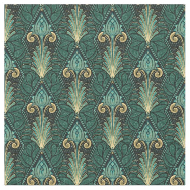 Emerald Green Art Deco Lotus on Leafy background Fabric (Close Up)