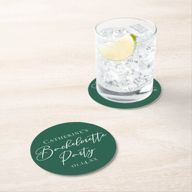 Emerald Green Bachelorette Party Personalized Round Paper Coaster (Insitu)