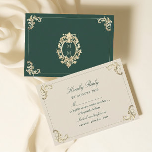 Emerald Green Baroque Gold Wedding RSVP Card