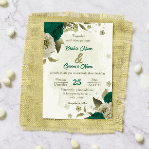 emerald green beige flowers botanical wedding invitation