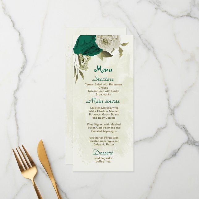 emerald green beige flowers botanical wedding menu (Front/Back In Situ)