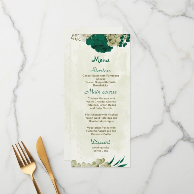 emerald green beige flowers botanical wedding menu (Front/Back In Situ)