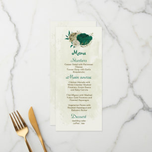 emerald green beige flowers botanical wedding menu