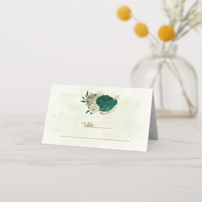 emerald green beige flowers botanical wedding place card (Front)