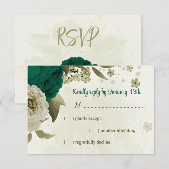 emerald green beige flowers botanical wedding RSVP card (Front/Back)