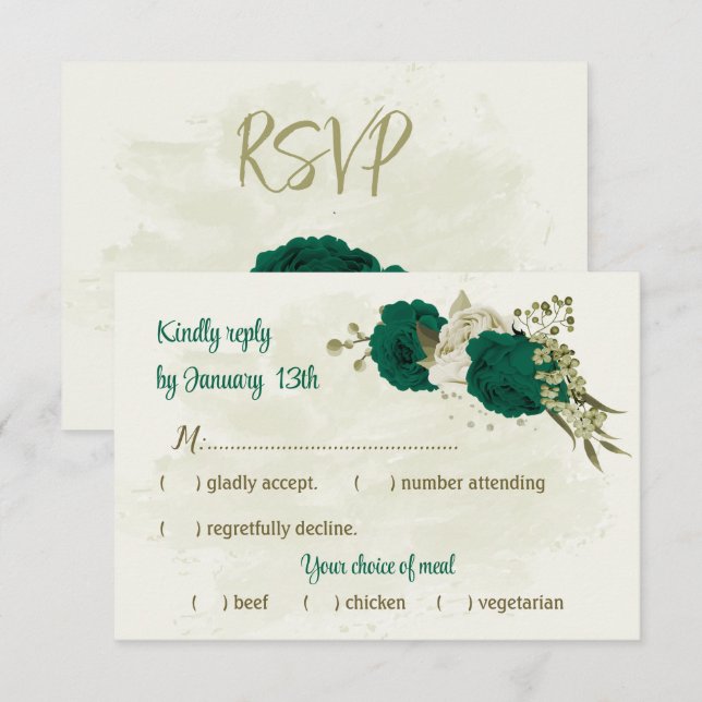 emerald green beige flowers botanical wedding RSVP card (Front/Back)