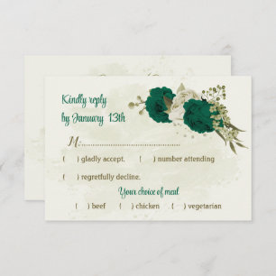 emerald green beige flowers botanical wedding RSVP card