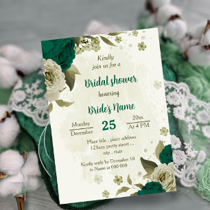 emerald green beige flowers bridal shower invitation