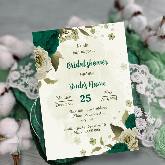 emerald green beige flowers bridal shower invitation (Creator Uploaded)