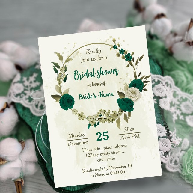 emerald green beige flowers bridal shower invitation (Creator Uploaded)