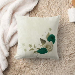 emerald green beige flowers cushion