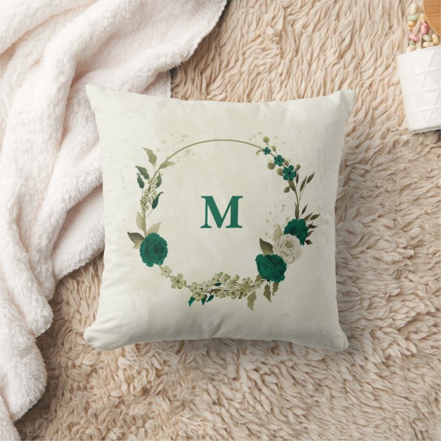 emerald green beige flowers  cushion (Blanket)