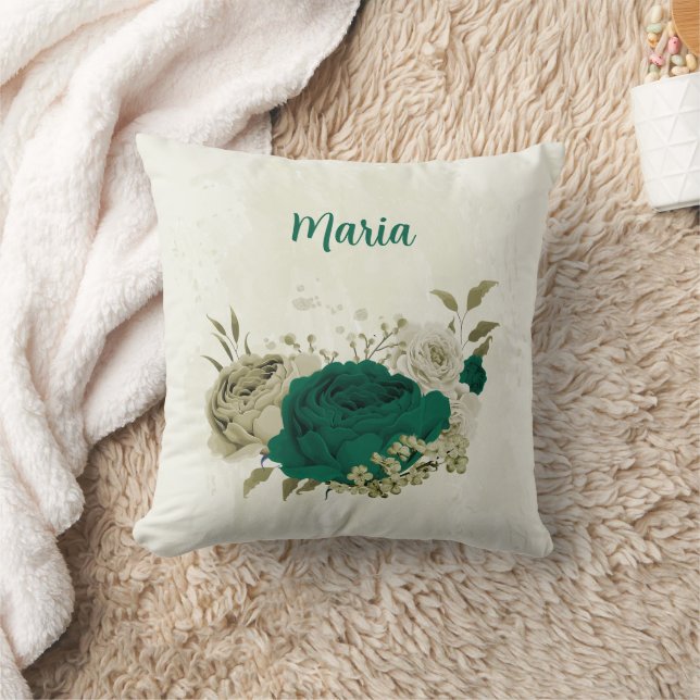 emerald green beige flowers  cushion (Blanket)