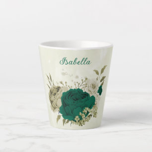 emerald green beige flowers latte mug