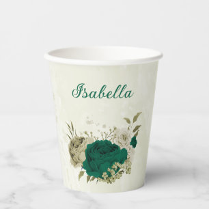 emerald green beige flowers paper cups