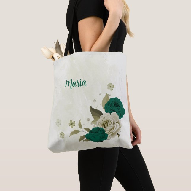 emerald green beige flowers  tote bag (Close Up)