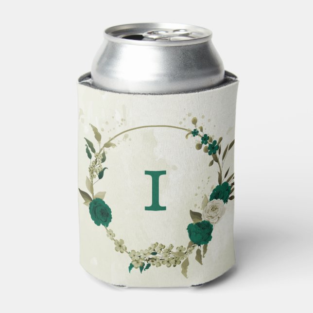 emerald green beige flowers wedding  can cooler (Can Front)