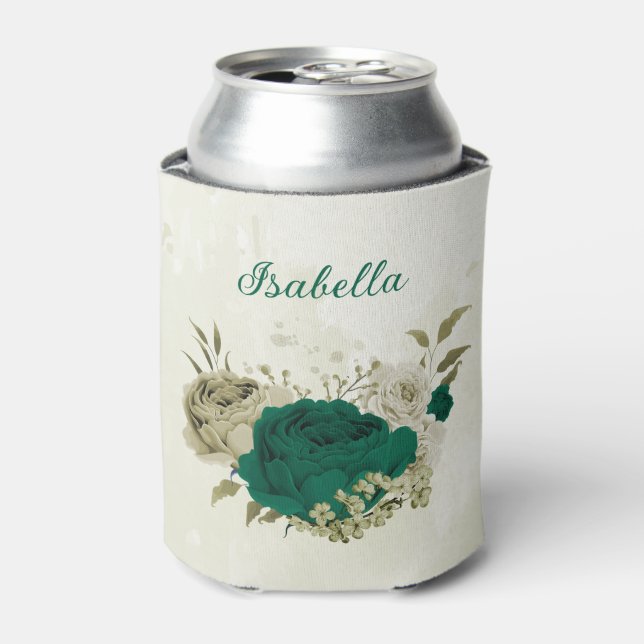 emerald green beige flowers wedding  can cooler (Can Front)