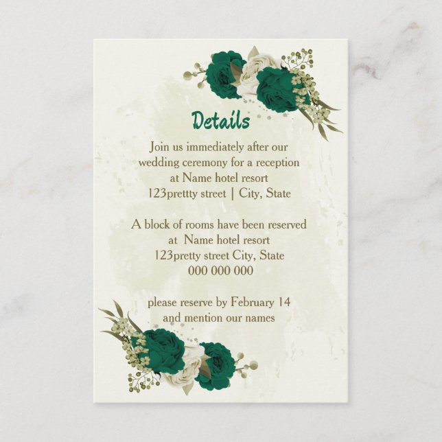 emerald green beige flowers wedding details enclosure card (Front)