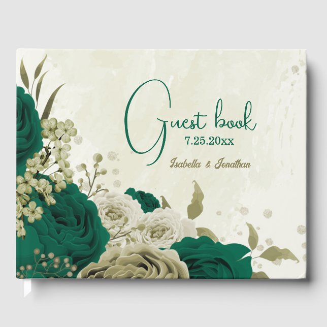 emerald green beige flowers wedding  guest book (Front)