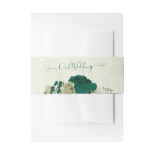 emerald green beige flowers wedding  invitation belly band