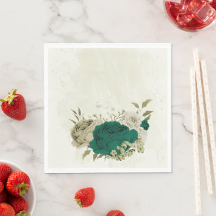 emerald green beige flowers wedding napkin