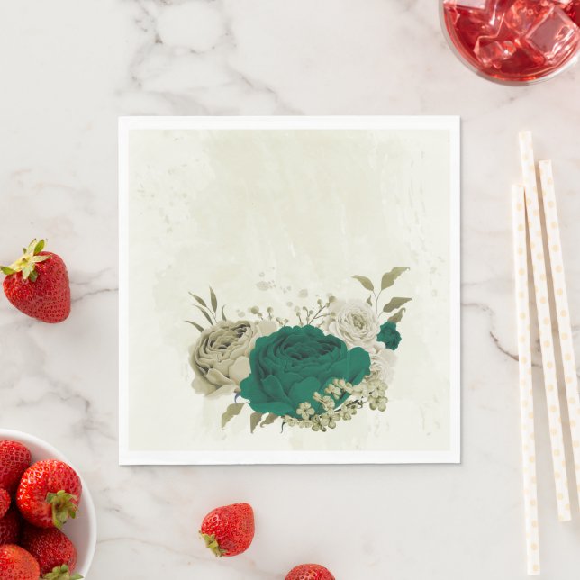 emerald green beige flowers wedding napkin (Insitu)
