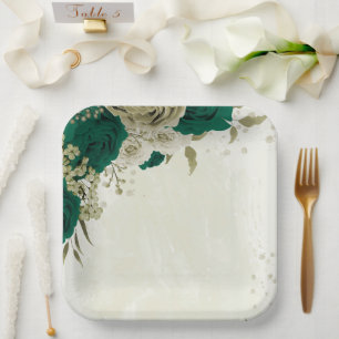 emerald green beige flowers wedding paper plate