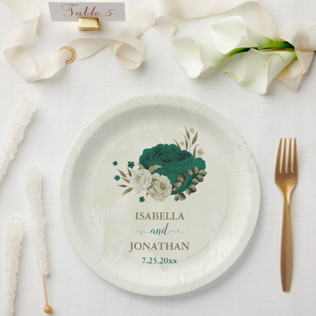 emerald green beige flowers wedding paper plate (Wedding)