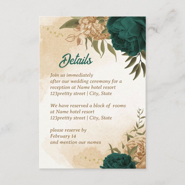 Emerald green beige gold botanical enclosure card (Front)