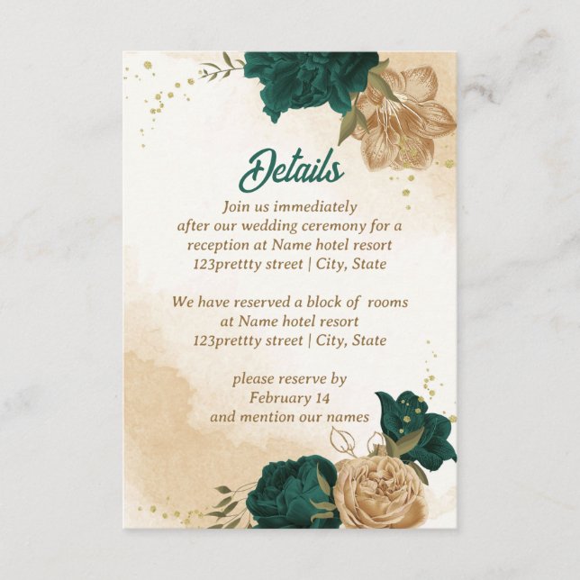 Emerald green beige gold botanical enclosure card (Front)
