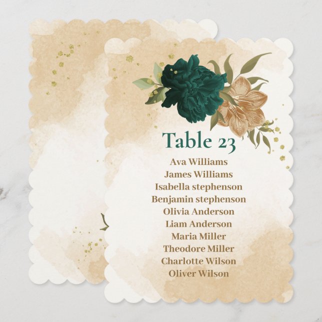 Emerald green beige gold botanical seating chart invitation (Front/Back)