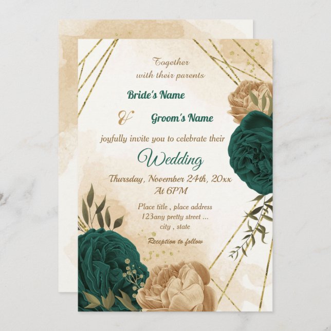 Emerald green beige gold botanical wedding invitation (Front/Back)