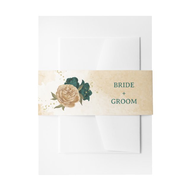 Emerald green beige gold botanical wedding invitation belly band (Front Example)