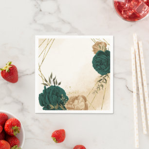 Emerald green beige gold botanical wedding napkin