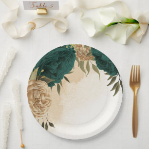 Emerald green beige gold botanical wedding paper plate
