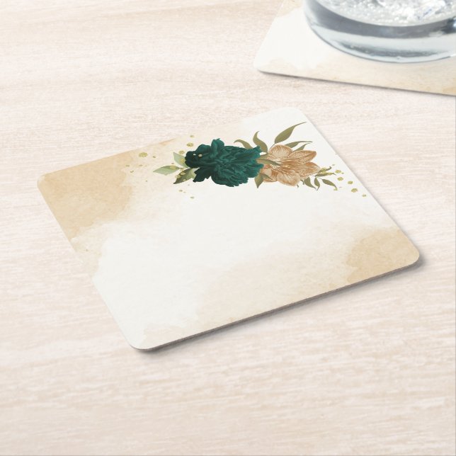 Emerald green beige gold botanical wedding square paper coaster (Angled)