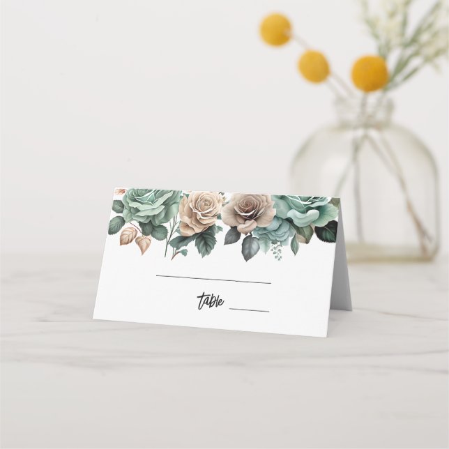 Emerald Green Beige Peony Floral Bridal Shower Place Card (Front)
