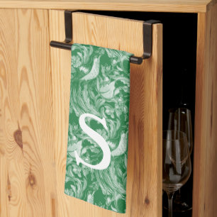 Emerald Green Bird Floral Intricate Vintage Art Tea Towel