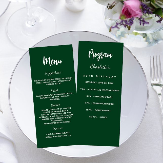 Emerald green birthday program dinner menu card (Creator Uploaded)