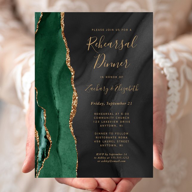 Emerald Green Black Agate Wedding Rehearsal Dinner Invitation (Creator Uploaded)