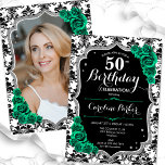 Emerald Green Black Damask Photo 50th Birthday Invitation<br><div class="desc">Elegant floral feminine 50th birthday invitation with your photo at the back of the card. Glam black white emerald green design with faux glitter silver. Features black and white damask pattern, green roses, script font and confetti. Perfect for a stylish adult bday celebration party. Personalise with your own details. Can...</div>